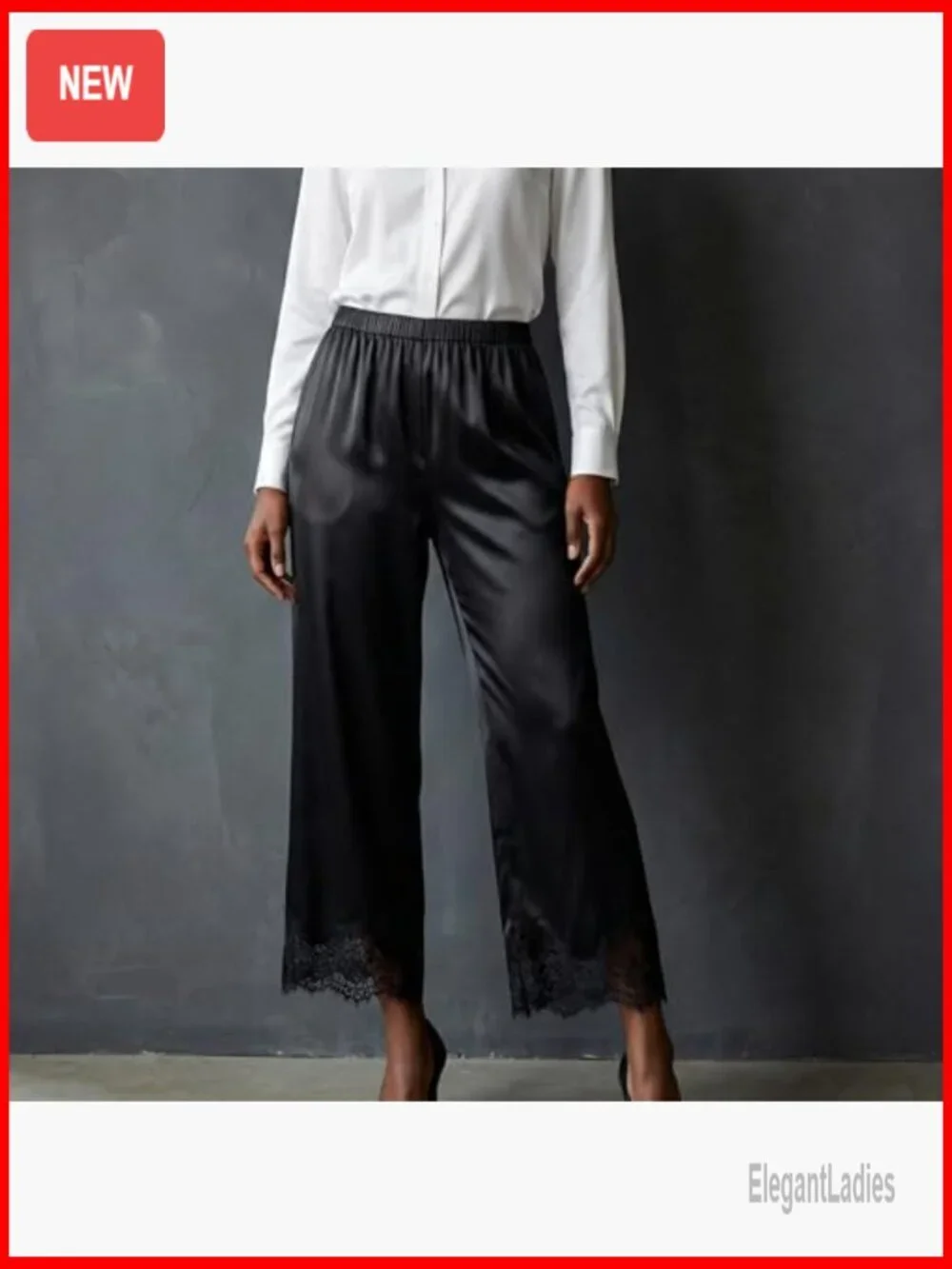 Satin Lace Trim Wide Leg Pajama Bottoms Elastic Waist Lounge Pants
